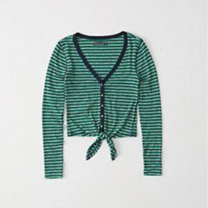 NWT $38 A&F Button-Up Tie-Front Top in GREEN STRIPE - XS!
